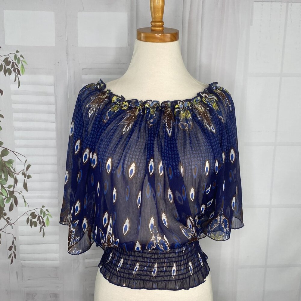 New Ultra Pink Blouse M Dark Blue Peasant Top Chiffon Paisley Dolman Batwing NWT